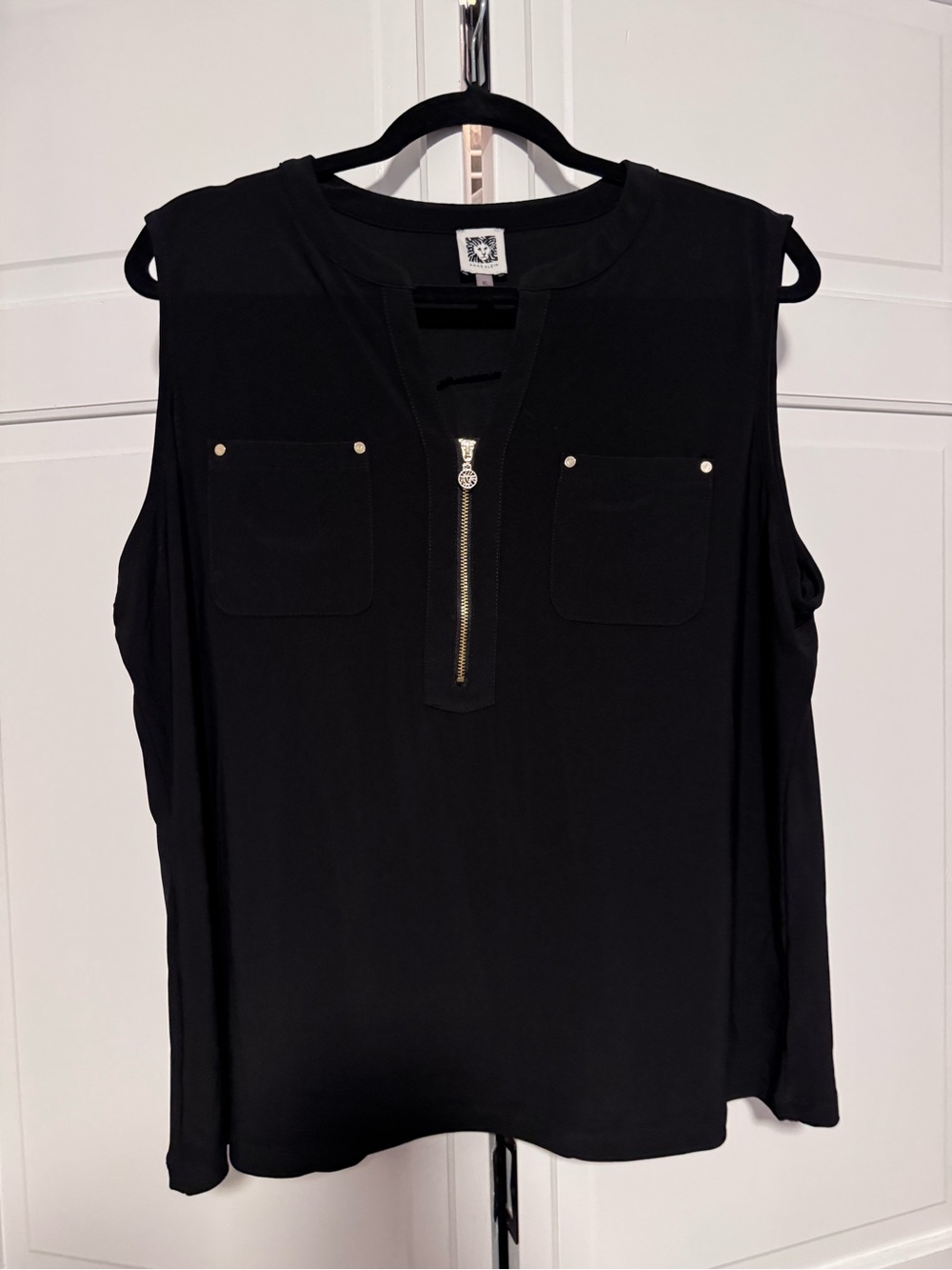 Anne Klein Black Sleeveless Zip-Front Shell with Gold Hardware